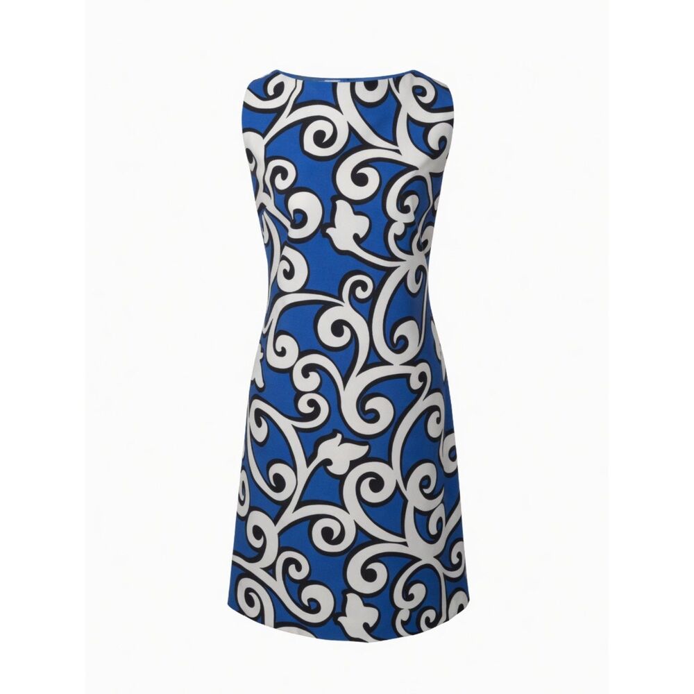 Maggy L Size 14 Vintage 60s Mod Royal Blue Baroque Scroll Print Shift Mini Dress